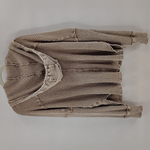 easel Pullover Hooded Top Size Medium Ribbed Distressed Beige Long Sleeve - Picture 4 of 4